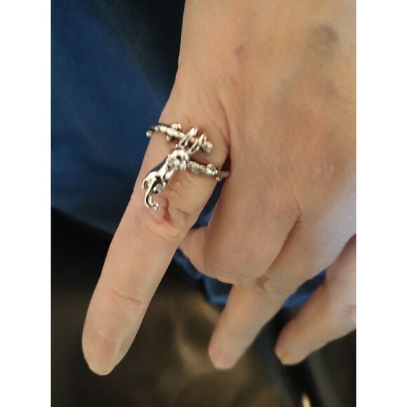 Silver Dangling Cat From Tree Branch Ring Adjustable Kitty - Picture 3 of 9